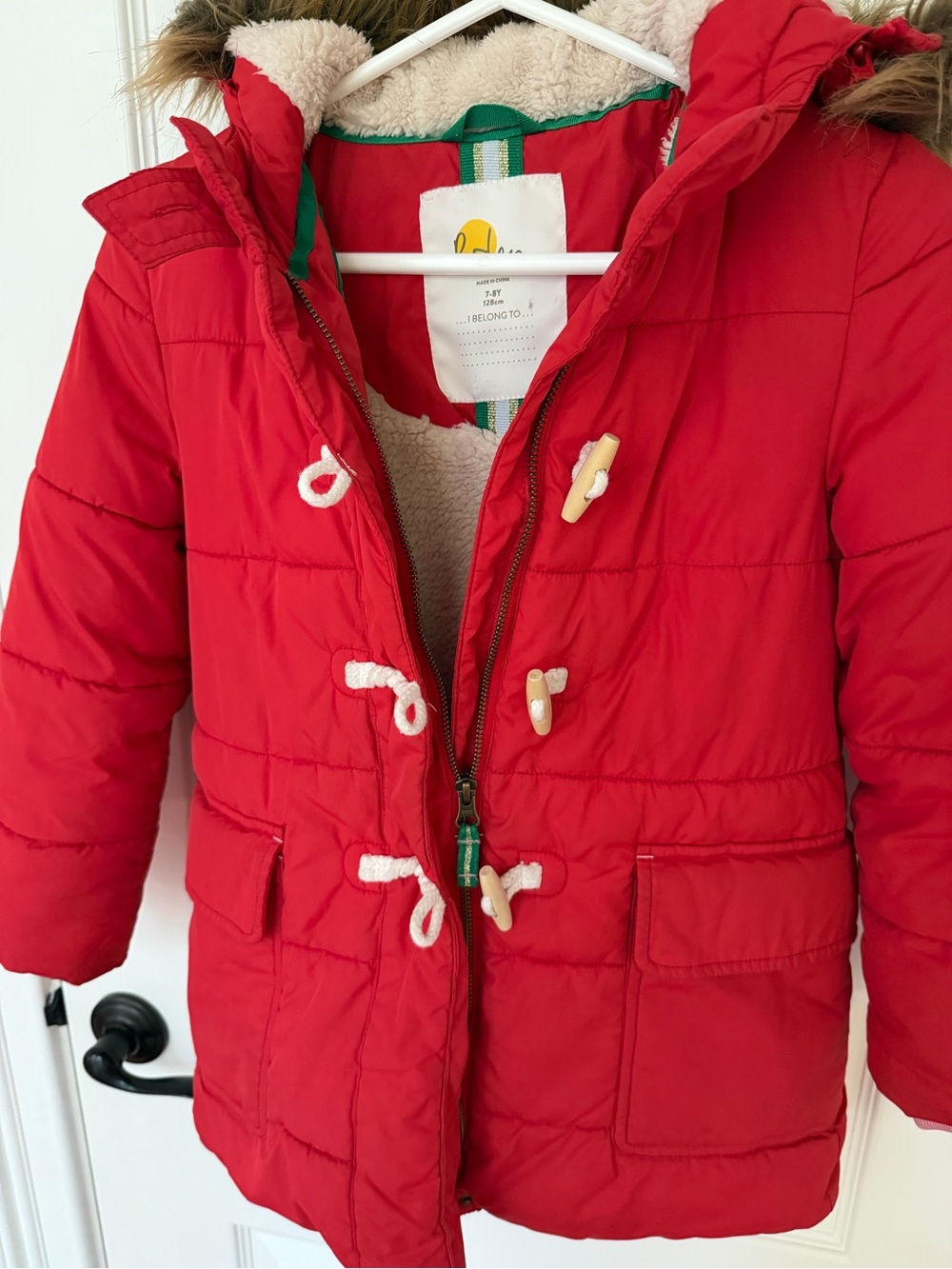 Boden Girls Red Hooded Puffer Coat with Faux-Fur Trim 7-8Y
